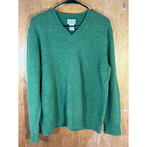 Vintage LL Bean Mens Sweater Large Wool Shetland Green V-Neck Cardigan Pullover - Picture 1 of 9